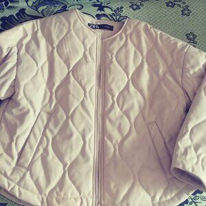 Zara Woman Faux Leather Fitted Quilted Jacket Long Sleeve Cream Beige Sz S